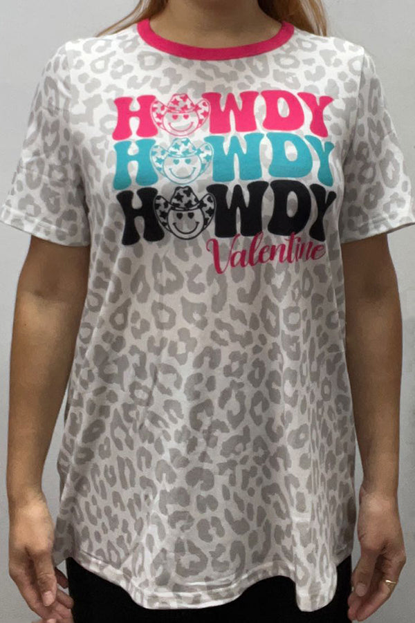 XCH14602 Smile face & HOWDY Valentine leopard printed top w/short sleeve