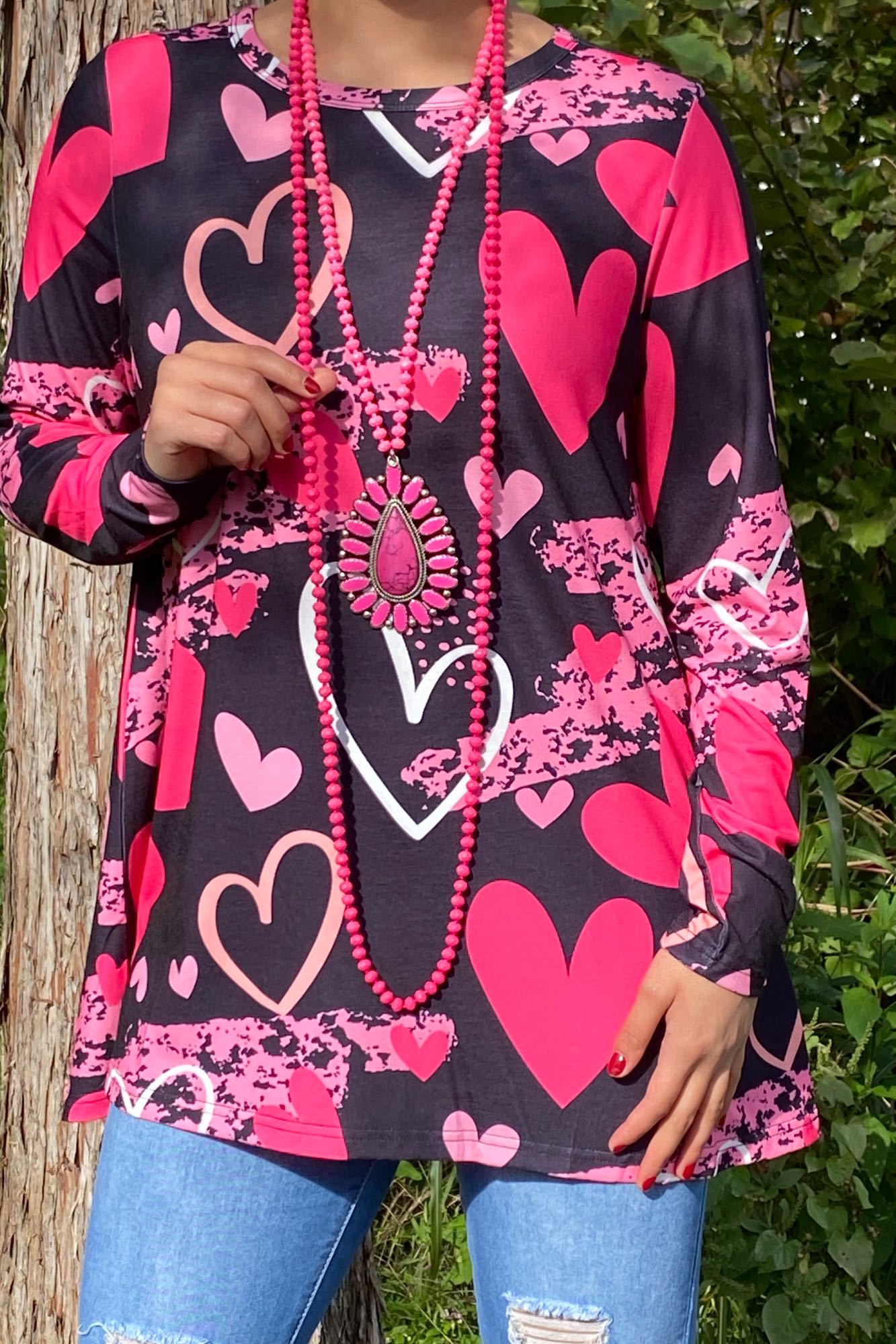 XCH14605 PINK HEARTS PRINT LONG SLEEVE TOP