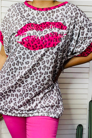 XCH14669 Leopard printed & lips loose fitting short sleeve tops