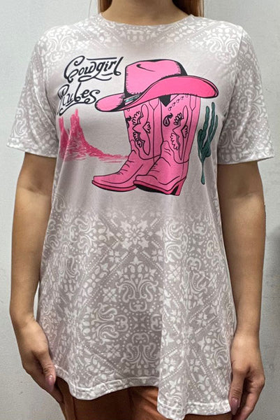XCH14679 Boots cowgirl rules printed paisley short sleeve women top