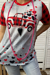 XCH14684 Plaid truck & hearts printed short sleeve top