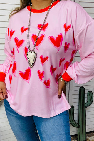 XCH14714 Red hearts printed pink long sleeve top