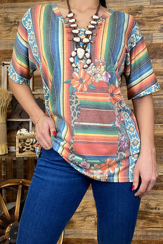 XCH9851 Multi color serape top w/floral print