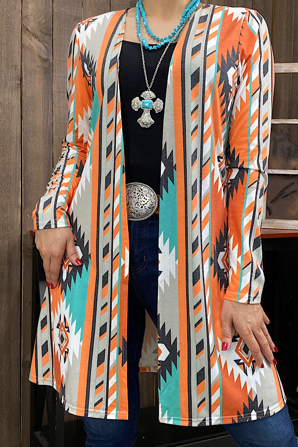 YMY11807 Orange & grey Aztec printed long sleeve cardigan