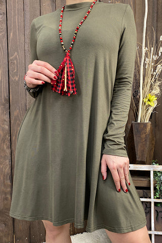 YMY11950-1 Solid olive green long sleeve dress w/pockets