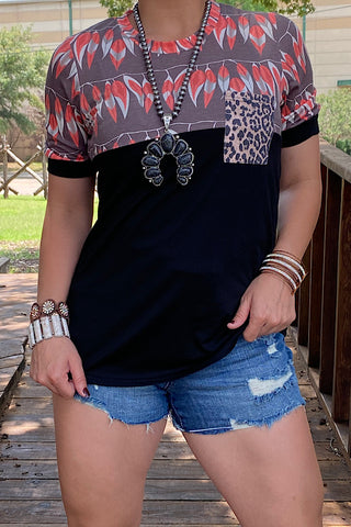 YMY12060 Black feather & leopard printed short sleeve top