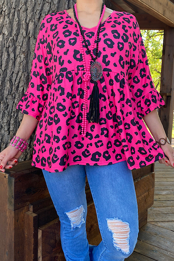 YMY12866 Fuchsia leopard printed baby doll blouse w 3/4 sleeves