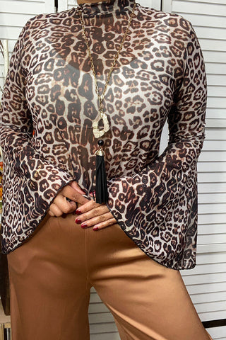 YMY13973 Leopard printed bell sleeve blouse