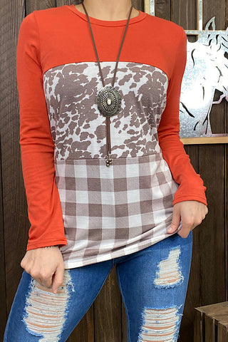 YMY8732-2 Oranges & cow spot color block long sleeve top