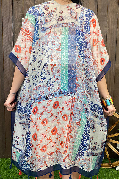 YZ170107 Paisley/floral kimono w/navy blue trim & tassels