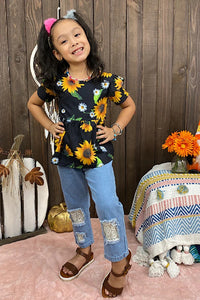 Black baby doll sunflower printed blouse denim distressed jeans girls set
