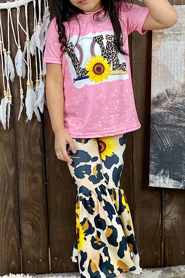 LOVE Baseball sun flower printed top and pant girls boutique outfit set