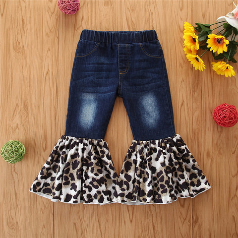 Boutique ruffled jeans girls leopard print stitching flared pants girls pants