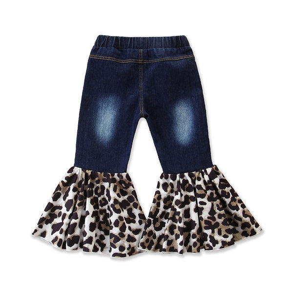 Boutique ruffled jeans girls leopard print stitching flared pants girls pants