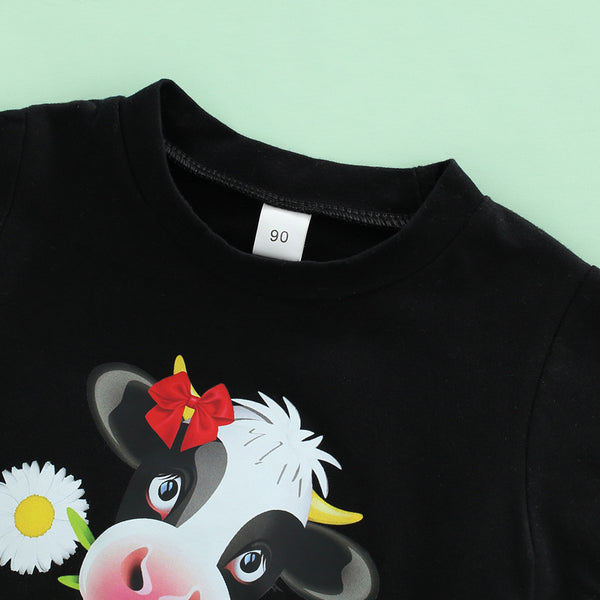 Boutique girls clothes summer short sleeve cartoon cow printed T-shirt bell-bottom pants set