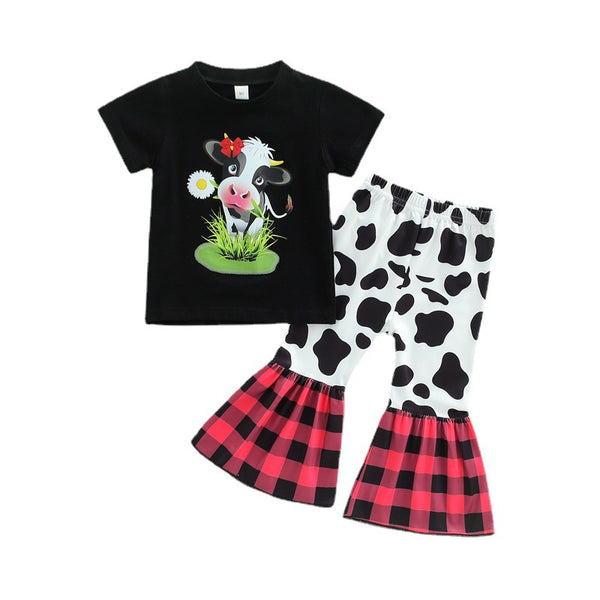 Boutique girls clothes summer short sleeve cartoon cow printed T-shirt bell-bottom pants set