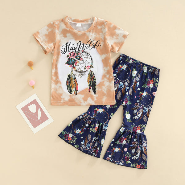Boutique children's clothing summer girls short sleeve T-shirt floral flared pants two-piece set