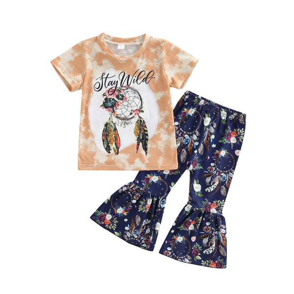 Boutique children's clothing summer girls short sleeve T-shirt floral flared pants two-piece set