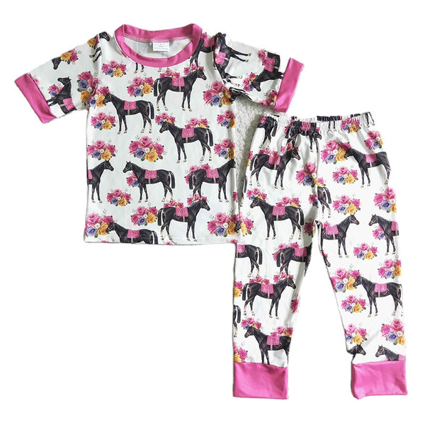 Boutique baby girl flower pajama clothes set short sleeve trousers pajama set