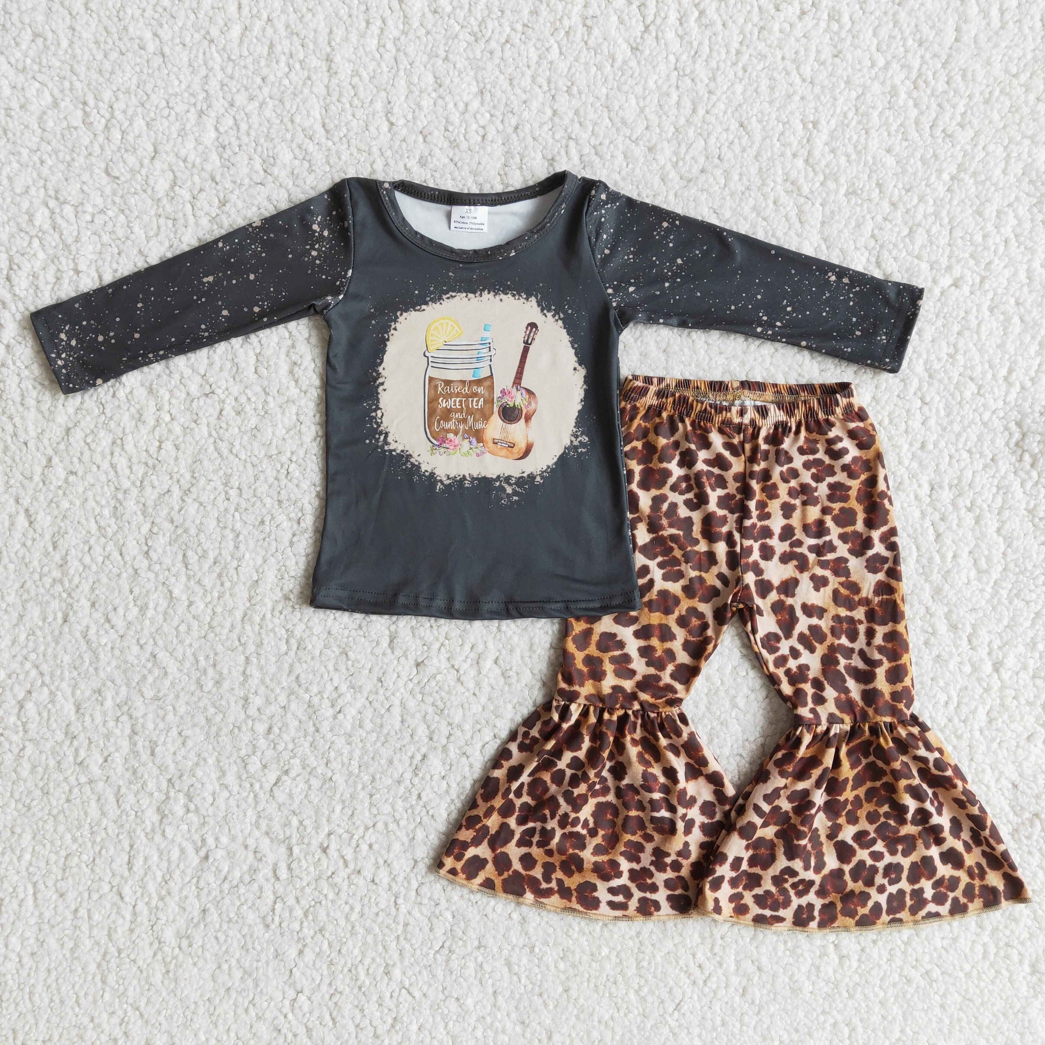 Boutique Clothing Guitar Long Sleeve Tops Leopard Print Flared Pants Girls Kids Clothes