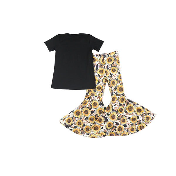 Boutique Kids Suit Short Sleeve Sunflower Flared Pants Two Piece Set