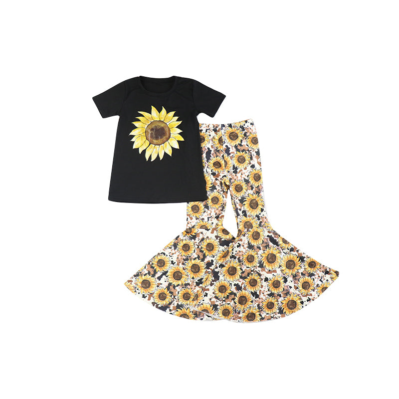 Boutique Kids Suit Short Sleeve Sunflower Flared Pants Two Piece Set