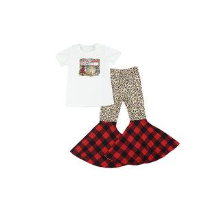 Boutique Kids Suit Short Sleeve Cartoon Printing T-Shirt Leopard Print Flared Pants Two Piece Girls Set