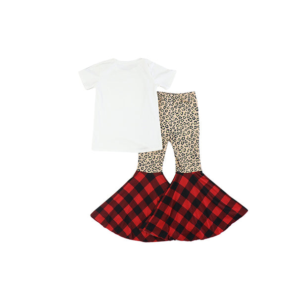 Boutique Kids Suit Short Sleeve Cartoon Printing T-Shirt Leopard Print Flared Pants Two Piece Girls Set