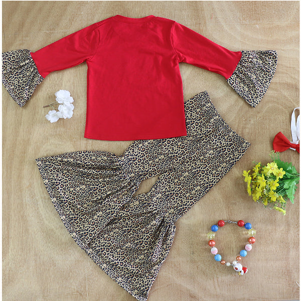 Boutique Christmas Suits Long Sleeves Cartoon Print Tops Leopard Print Flared Pants Girls Suits