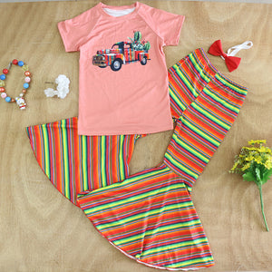Boutique Cartoon Printing Set Short Sleeve Top Striped Flared Pants Girls Two Piece Set
