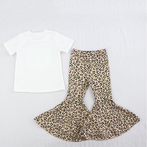Boutique Short Sleeve Printed Leopard Flared Pants Girls Suits Boutique Kids Two Piece Suits